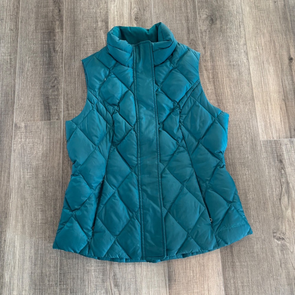 Eddie Bauer Womens Teal Blue Diamond Quilted Goose Down Puffer Vest Size M